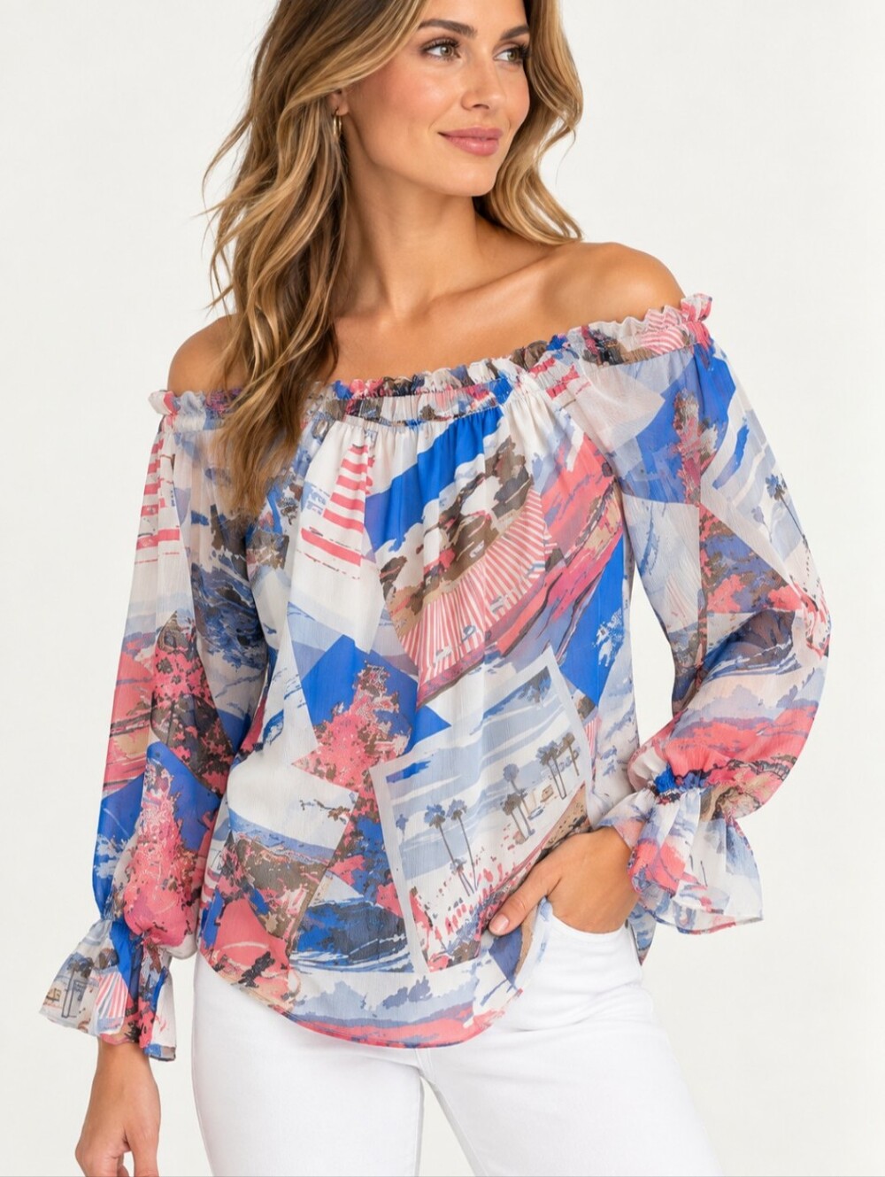 WHBM NWOT XXS Postcard Off Shoulder Long Sleeve Blouse Ruffled Cuffs Pink Blue